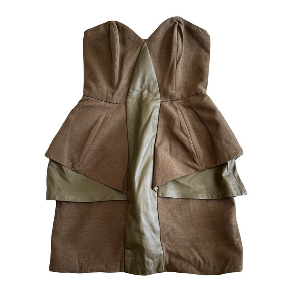ASOS Black | New Brown Leather Sweetheart Bandeau Layered Mini Dress, Size 4 - Picture 1 of 7